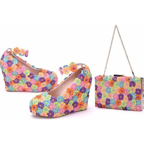 Crystal Queen Multicolor Flower Shining LACE Womens Wedge Shoes Wedding Shoes Matching bags Clutches 11CM High Heels Pumps Party
