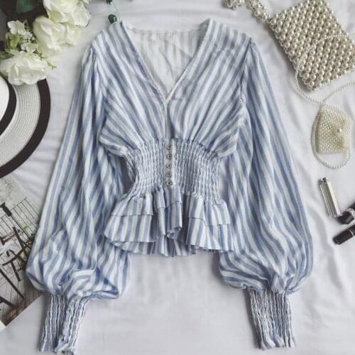 2019 spring summer new womens v collar striped lantern sleeve ruffles waist shirt tops female elegant blouses women shirts