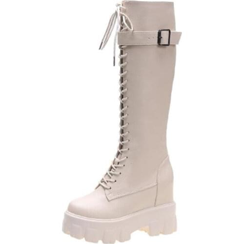 Chunky Platform Leather Knee High Boots Women Retro Punk 10CM Height Increasing Long Boots Woman Lace Up Booties Winter Mujer