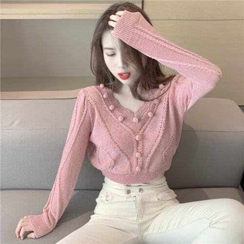 Autumn Knitted Women Sweater V-Neck Female Hollow Out Loose Long-Sleeve New Short Sweater Vintage Sweet Korean Casual Blouse Top