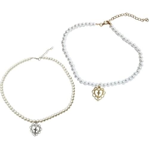 Punk Gothic Harajuku Pearl Chain Hollow Heart Shaped Pendant Retro Court Cross Choker Necklace Fashion Jewelry