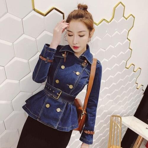 Autumn Women Slim Denim Coat Elegant Office Ladies Double Breasted Belt Cotton Jacket Fashion Blue Turn-down Collar Jeans Jacket