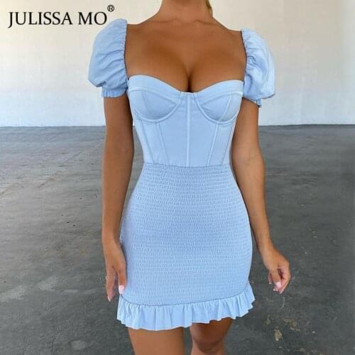 Julissa Mo Blue Puff Sleeve Ruched Bodycon Dress Women Sexy Backless Zipper Mini Dresses 2020 Autumn Slim Ruffles Party Vestidos