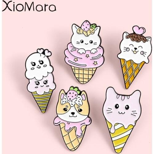 Animal ice cream cone Enamel Pins Fashion Cute Cat Dog Lapel Badges Wholesale Cartoon Pins Brooches Jewelry Gifts for friends