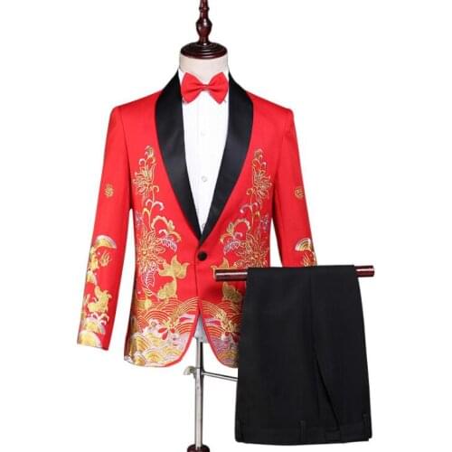 Blazer men groom suit set with pants mens wedding suits costume singer star style dance stage embroidery clothing formal dress