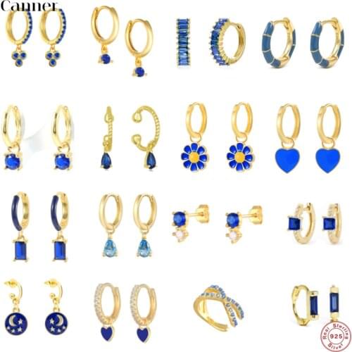 CANNER 1Pair 100% Real S925 Sterling Silver Blue Zircon Hoop Earrings for Women Piercing Huggies Earring Fine Jewelry pendientes