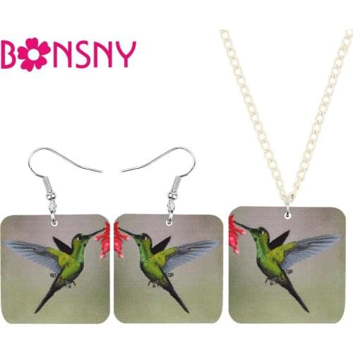 Bonsny Acrylic Square Flying Hummingbird Bird Jewelry Sets Animal Earrings Necklace For Women Teens Birthday Gifts Accessories