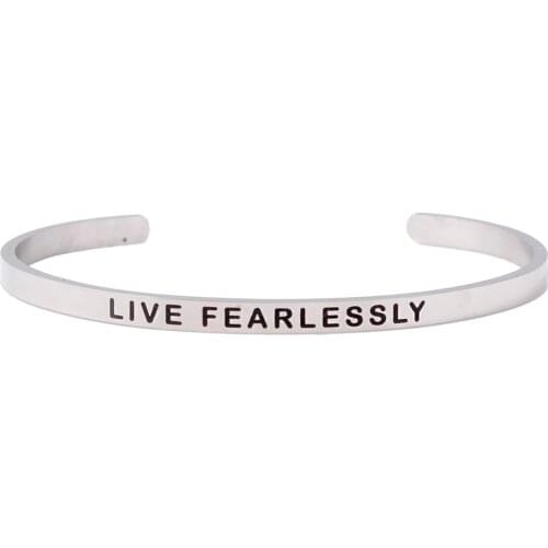 4MM "LIVE FEARLESSLY" Stainless Steel Engraved Positive Inspirational Quote Cuff Mantra Bracelet Initial Engraved Custom Bangle