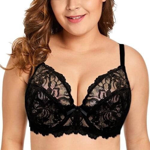 Unlined Underwire Plus Size Bra Women Full Coverage Sexy Embroidery Floral Lace Bra Black White Brassiere Perspective Bralette
