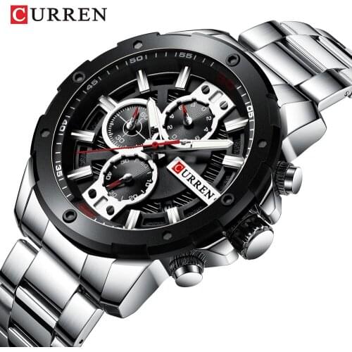 New CURREN Men Quartz Wristwatches 3D Dial Design Full Steel Calendar Waterproof Big Watches Silver Band Black Dial