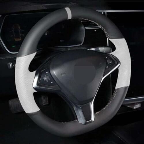 Car Steering Wheel Cover Soft Hand-Stitched Black Genuine Leather Carbon Fiber For Tesla Model S Model X 2016-2020
