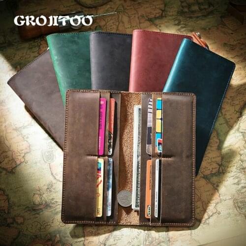 GROJITOO Hot Sale Handmade Crazy Horse Leather First Layer Cowhide Mens Long Wallet Women Clutch Bag Card Purse Coin Pocket