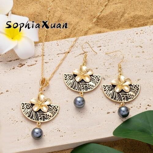 SophiaXuan Guam Jewelry Sets Pendant Drop Earrings and Necklace Set Wholesale New Design Gold Pated Hawaiian Flower for Women