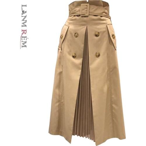 LANMREM Korea Womens New 2021 Summer Autumn High Waist A-Line Khaki Skirt Pleated Splicing Skirts Female Fashion 2C2125
