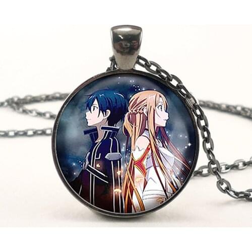 Sword Art Online Kirigaya Kazuto Asuna Cute Cartoon Glass Cabochon Pendant Necklace High Quality Black Chain Necklace
