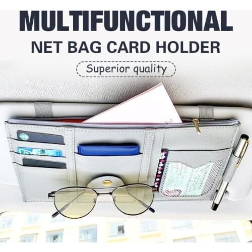 Multifunctional Net Bag Card Holder Leather Car Card Storage Bag Sleeve Car Sun Visor Cover Car Accessories