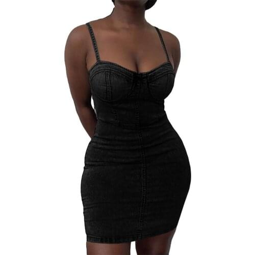 Fashion Women Sexy Denim Dress Solid Color Spaghetti Straps Waist Tight Bodycon Mini Dress Casual Style For Women Summer Dress