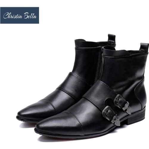 Christia Bella Autumn Solid Buckle Strap Men Shoes Genuine Leather Boots Fashion Pointed Toe Boots Big Size Zipper Ankle Boots