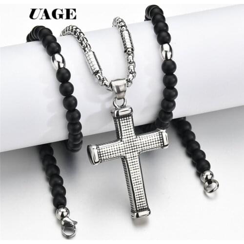 UAGE Rosary beaded Jesus CROSS Black Stone pendant necklace for men and women