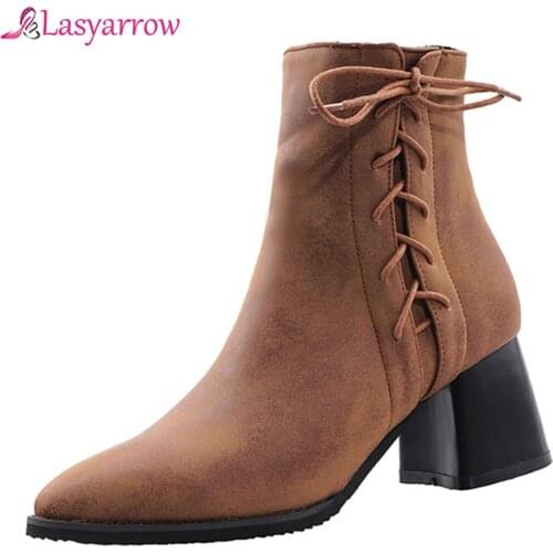 Lasyarrow 2020 New Winter Warm Fur Square High Heel Casual Ankle Boots PU Leather Zipper Bandage Women Short Boots Woman J982