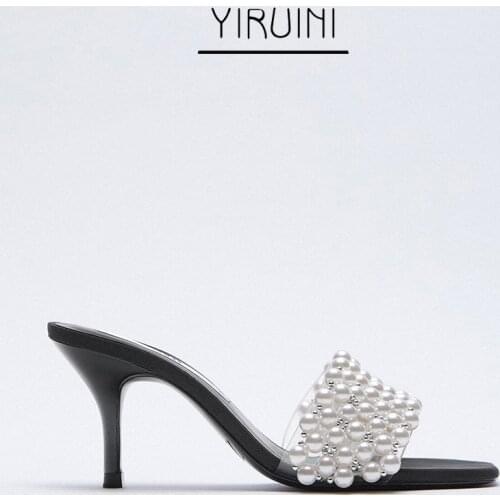 2021 Summer New Style Womens Shoes High-heeled Sandals With Faux Pearls
