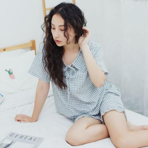 Yomrzl A635 New arrival summer cotton womens pajama set short sleeve home style sleep set sweet plaid sleep set indoor clothes