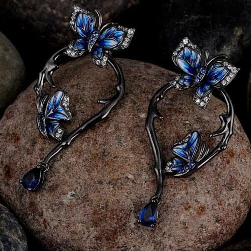 New Black Gold Filled Elegant Butterfly Drop Earrings for Women Zircon Blue Enamel Wedding Bride Dangle Earrings Jewelry