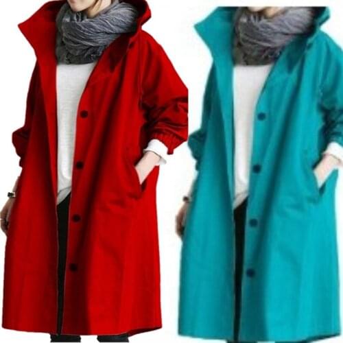 Hot new Casual Women Windbreaker Fashion Fall Winter Mid-length Hooded Windbreaker Vintage Single-breasted Pocket Red Overcoat