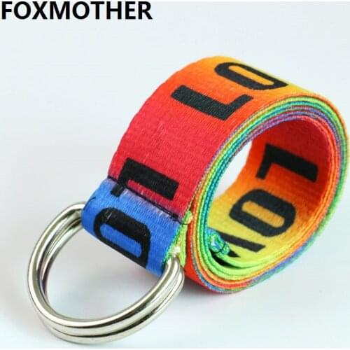 FOXMOTHER Rainbow Female Girls Canvas Dress Waist Belt Fashion Inscription Love Letter Double Silver Buckle Women Belt