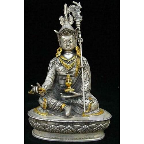 Old Tibetan Buddhism Silver Gilt Guru Padmasambhava Rinpoche Buddhas God Statue