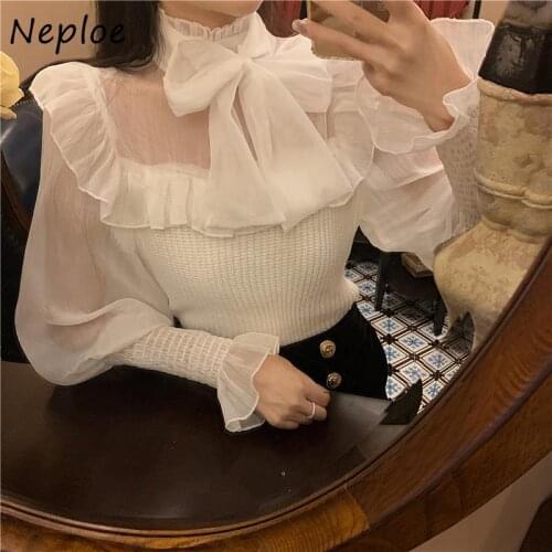 Neploe Stylish Lantern Sleeve Sweater Autumn New 2021 Stand Collar Long Sleeve Pullovers Female Outer Wear Solid Pullover Mujer