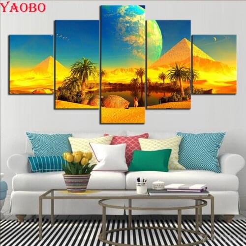 Rhinestone embroidery diamond mosaic 5 Piece Desert Oasis and Pyramid Landscape diamond painting Cross Stitch full Square drill