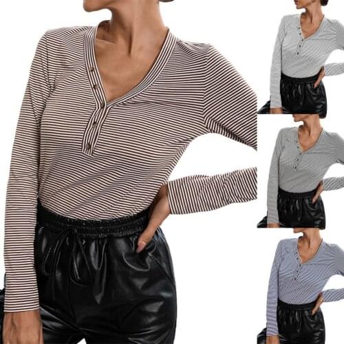 V-Neck Long Sleeve Knitted Top Autumn Winter Single Breasted Stripped Bottom Shirt Streetwear