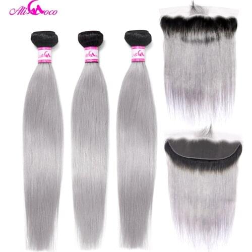 Ali Coco Brazilian Straight 13X4 Lace Frontal Closure With Bundles 1B/Grey 2/3 Bundles With Lace Frontal 10-30 Inch Remy Hair