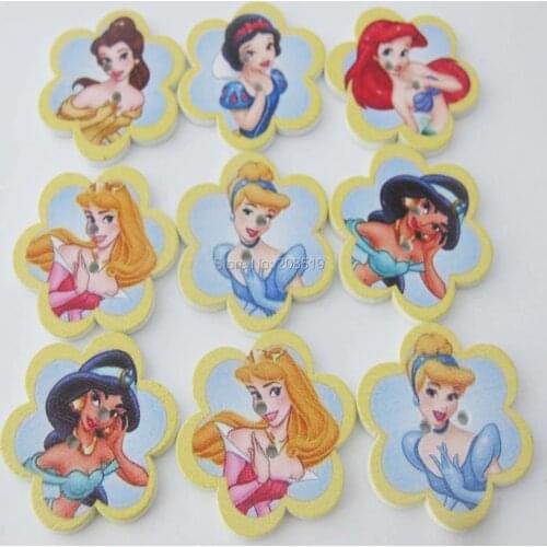 WBNAKL Girls Buttons Floral 28MM 100Pcs/lot Printed dream princess wooden Buttons clothes sewing accessory