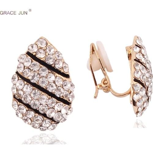 GRACE JUN New Arrival Vintage Black Enamel Clip on Earrings for Women Luxury Rhinestone Water Drop Shape No Hole Earrings