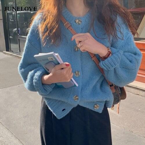 JuneLove 2021 Autumn Korean Fashion Chic Single-breasted Sweater Coat Vintage Knitted High Street Women Winter Loose Cardigan