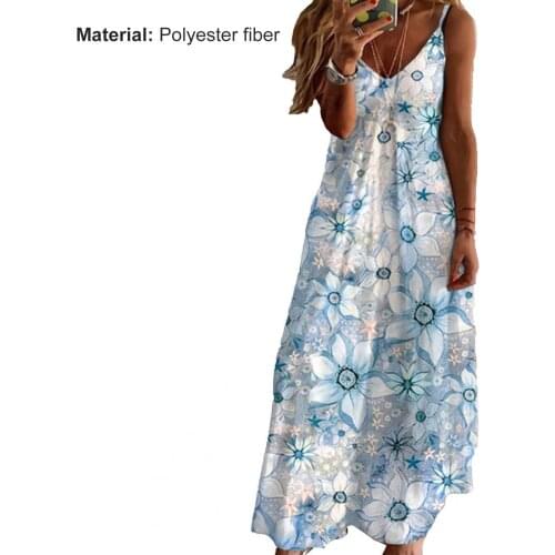 Dress Sleeveless Long Type Polyester Floral Printed V-neck Women Dress for Party
