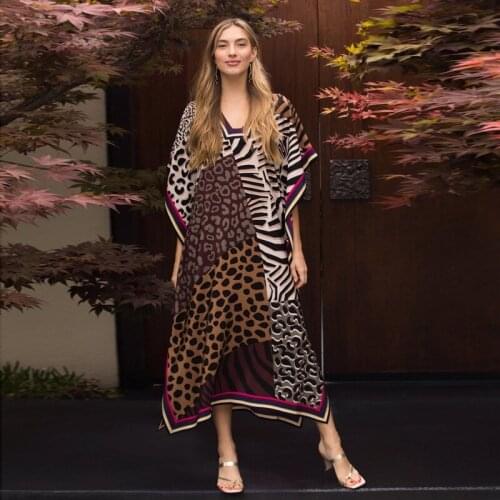 Relaxed Midi Dress V-Neck Animal Print Patch Pattern Floaty Elegant Caftan Camouflage Leopard Wild Design Women Long Tunic Gown