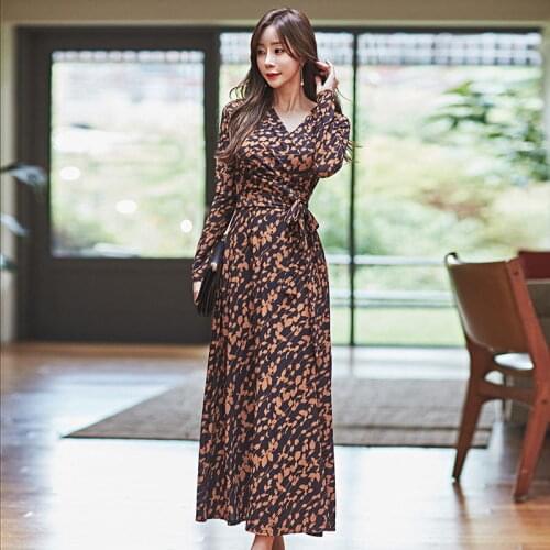 Spring Elegant Korean Long Dresses V-neck Print Leaf Long Sleeve Bodycon Women Dress Lady Vintage Sexy Party Vestidoes Female