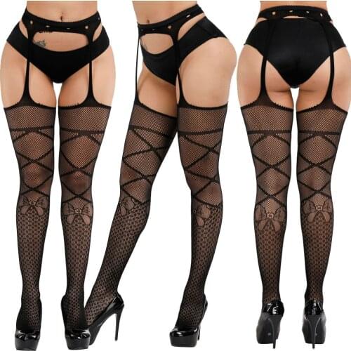 Plus Women Sexy Lingerie Garter Stockings Fishnet Tights Transparent Crotchless Pantyhose Thigh High Stocking Elastic Embroidery