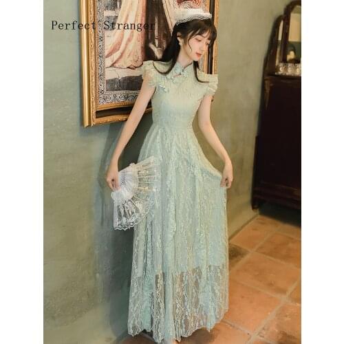 2021 Summer New Arrival Vintage Dress Stand Collar Cheongsam Style Women Lace Long Dress Green