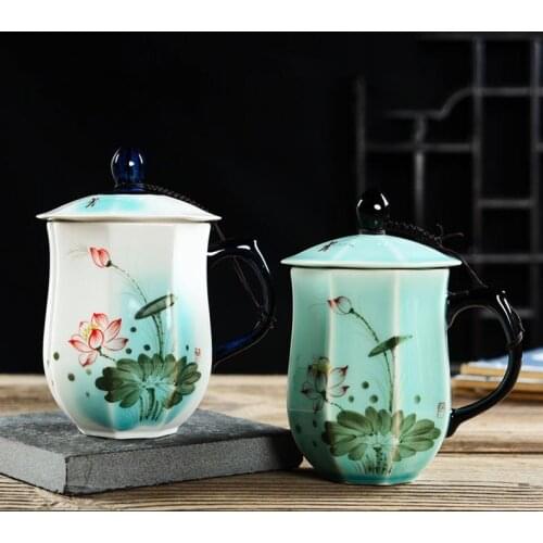 1PCS 390ml Chinese Style Tea Mug with Lid Kit Porcelain Porcelain Hand Painted Flower Pattern Drinkware Office Master Water Cup