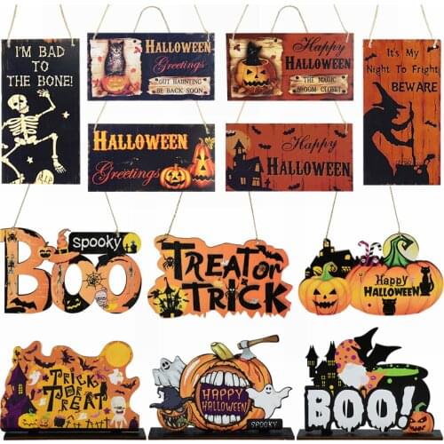 1Pc Halloween Decoration Trick or Treat Boo Pumpkin Spooky Wood Pendant Ornament Halloween Party Home Outdoor DIY Hanging Decor