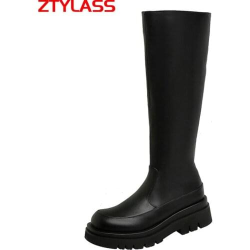 2021 Women Boots Faxu Leather Square Low Heel Knee High Boots Zipper Platform Long Boots Autumn Winter Fashion Ladies Shoes