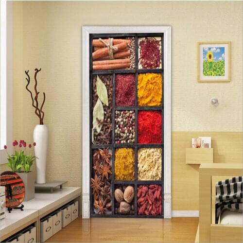 3D Door Sticker Condiments Chinese Style Door Wall Mural Kitchen Dining Room Stairs Color Bricks Pulling Door Home Decor Paste