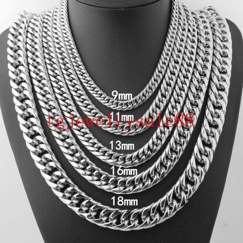 9/11/13/16/18mm Wide Polishing Silver Color Stainless Steel Cuban Curb Link Chain Bracelet/Necklace Men Jewelry 7-40" Option