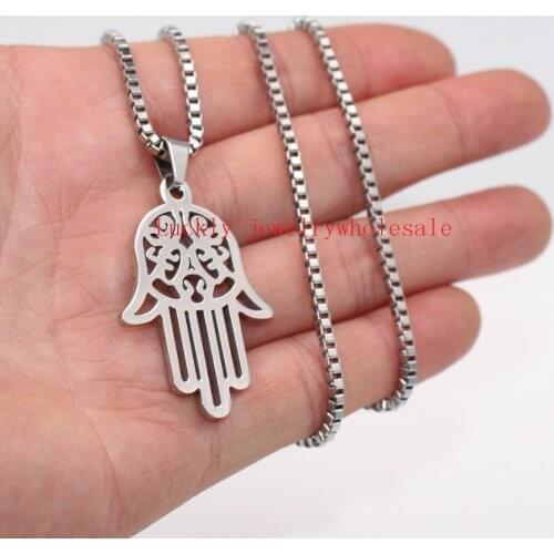 Religious Stainless Steel Fashion Hamsa Hand Pendant Necklace with box chain 24'' for Mens Gifts