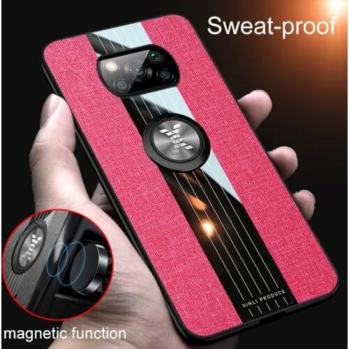 For Xiaomi POCO X3 NFC Cloth Pattern Ring Magnet Holder Case for xiaomi poco x3 nfc Global Version Soft Frame Stand Back Cover