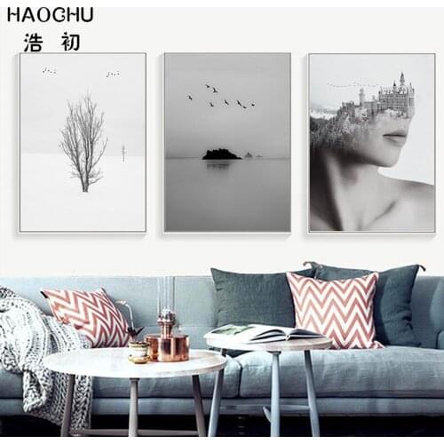 HAOCHU Black & White Abstract Sexy Figure Art Poster Seagull Seascape Lake Landscape Painting Snow Scene Castle Canvas Painting